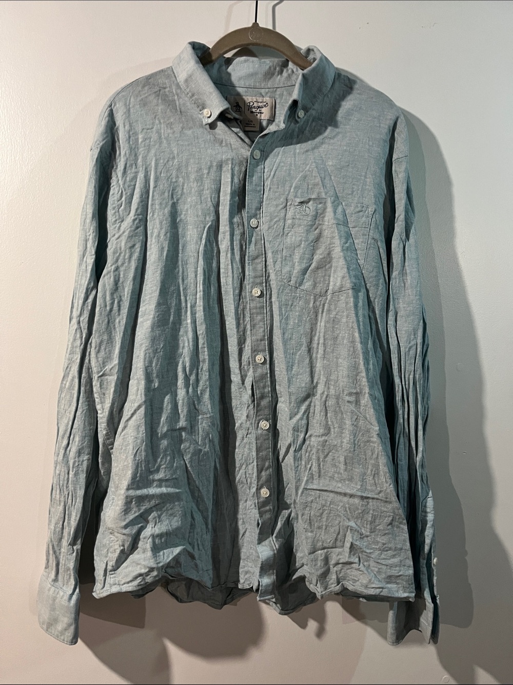Original Penguin Light Linen and Cotton Aqua Button-Front Shirt